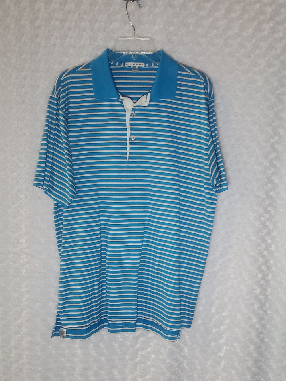 Peter Millar Men's Light Blue and White Striped Polo Size L